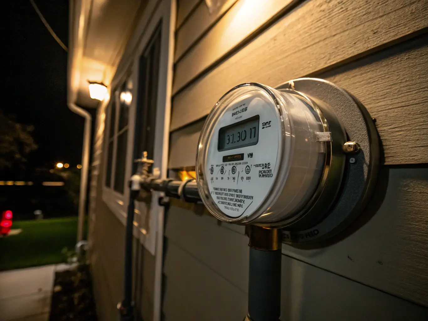 A sleek, modern water meter device installed on a residential water pipe, with digital display and wireless connectivity indicators, showcasing its advanced technology and ease of integration.