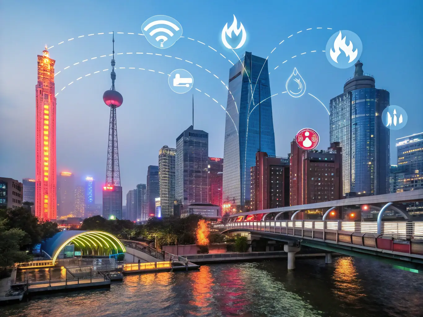 An illustration of interconnected smart water meters transmitting data to a cloud-based management system, with infrastructure background, highlighting the seamless integration and data-driven insights.